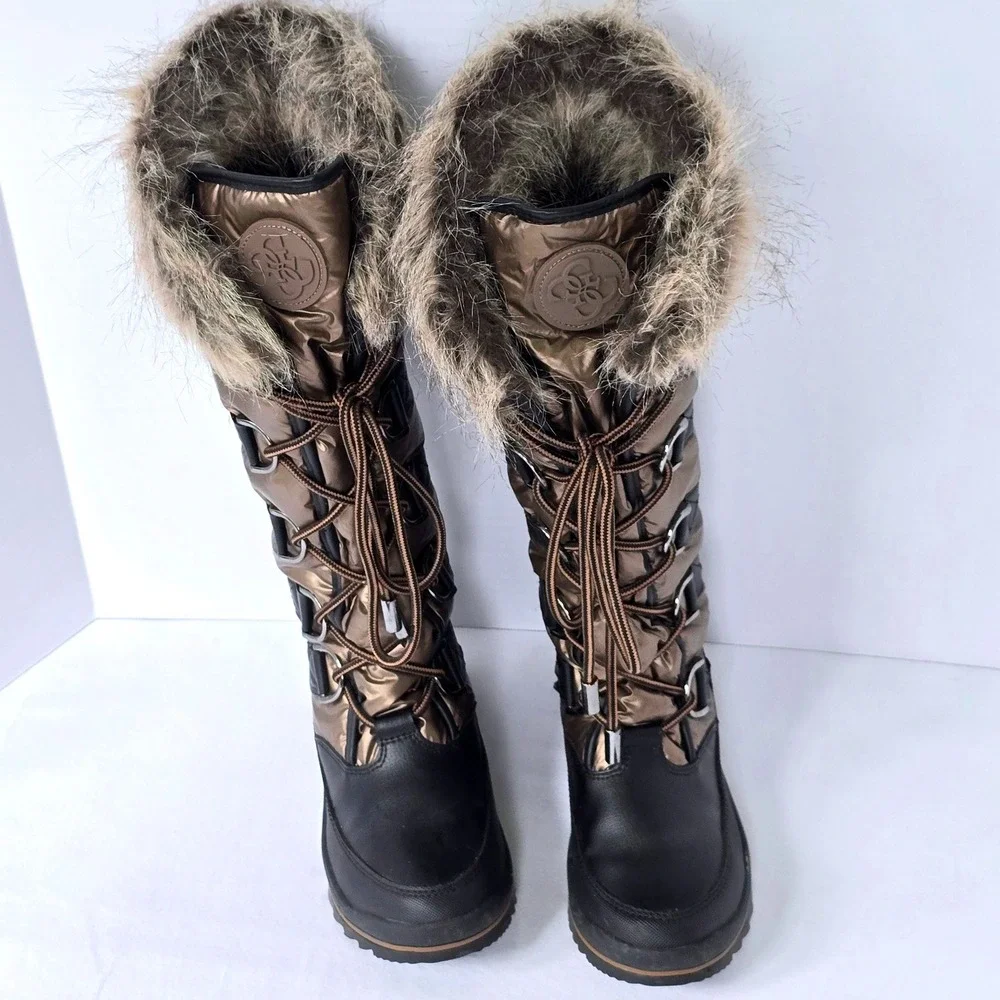 GUESS Hadly Womens Size 7M Tall Winter Boots Bronze Black Faux Fur Lace Up